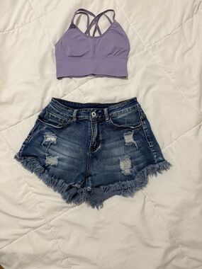 Lilac Strappy Sports Bra and Distressed Denim Shorts Set